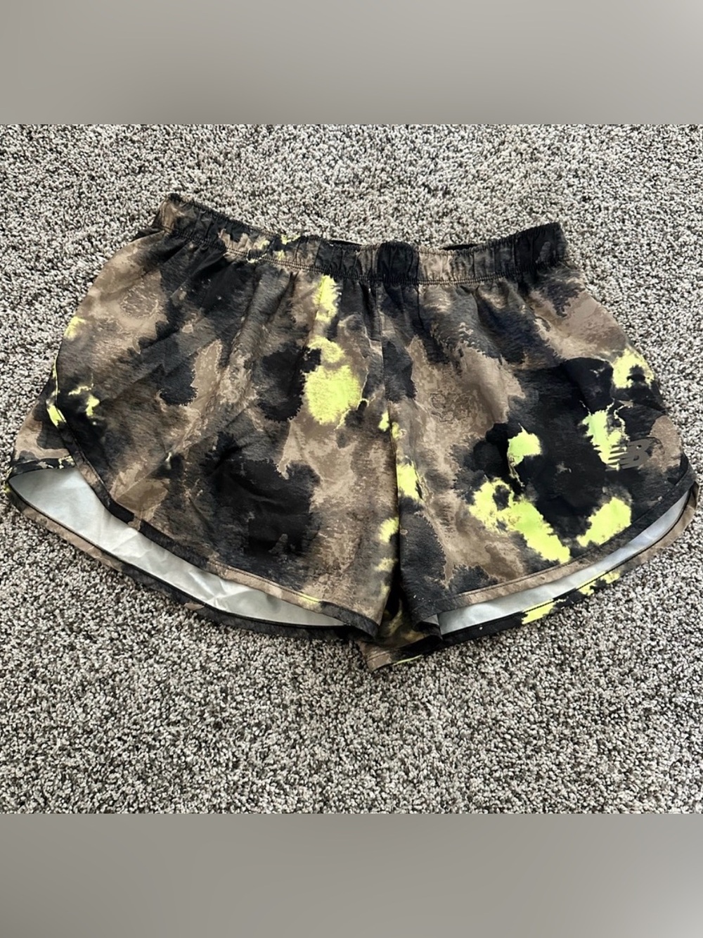 NWOT New Balance Women's Black and Neon Yellow Tie-Dye Athletic Shorts